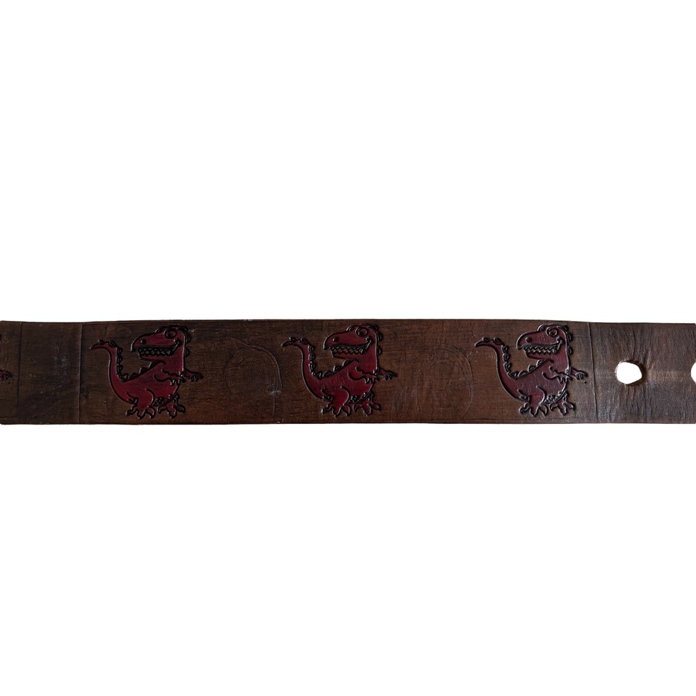 Fiorucci Vintage Kids Brown Leather Red T-Rex  Engraved Logo Belt Size M‎ 24-30 - Picture 5 of 12
